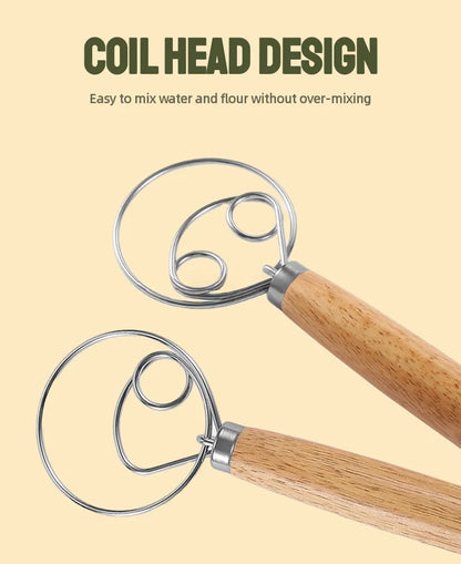304 Stainless Steel Dough Whisk with Smooth Wooden Handle Sourdough & Bread Mixing 13 Inch Danish Dough Whisk Bread Tools