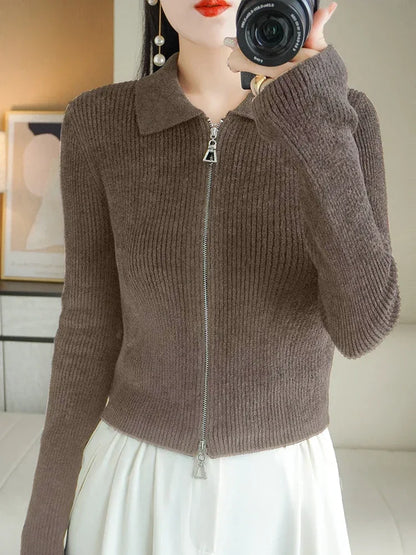 Women Autumn Winter Soft Wool Sweater Polo Collar Thicken Knitted Double Zipper Cardigan Basis Short Top Cashmere Female Coat