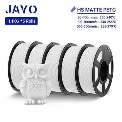 JAYO PETG 3D Filament 1.75MM High Speed PETG 3D Printer Filament 5Rolls High Flow Speedy Matte Effect 3D Printing Mateials