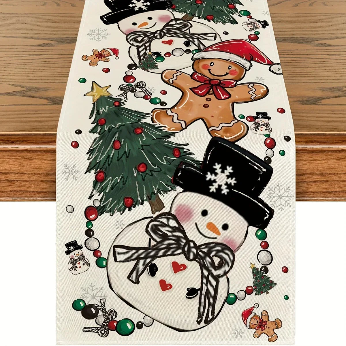 Christmas Snowman Table Runner Polyester With Festive Snowman Gingerbread Man Christmas Tree And Ornament Patterns Table Decor