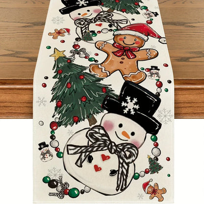 Christmas Snowman Table Runner Polyester With Festive Snowman Gingerbread Man Christmas Tree And Ornament Patterns Table Decor