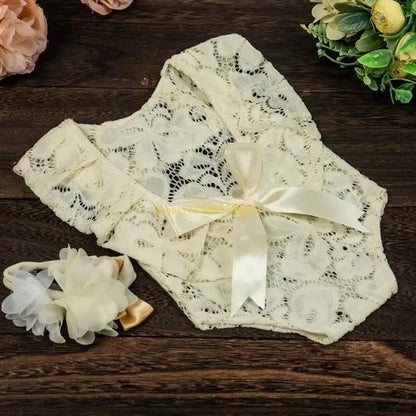 Baby Bow Lace Romper Headband Set Newborn Photography Props Bodysuit Jumpsuit with Flower Hair Band Infants Fotografie Outfits