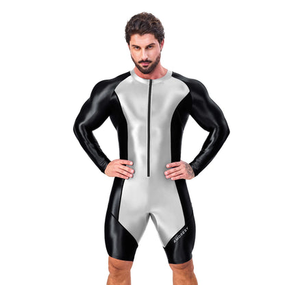 AMORESY Atticus Series Men Glossy Smooth Patchwork High Stretch Long Sleeve Knee Length Tracksuit Jumpsuit Bodysuit Fitness Gym