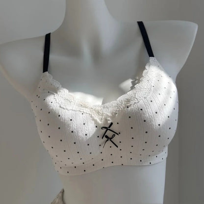 Lace Contrast Floral Print Lingerie for Women, Small Chest Gathering, Seamless and Underwire Bra