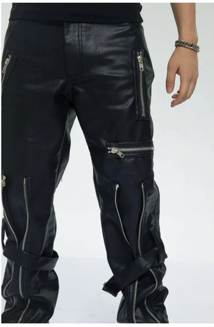 Mauroicardi Spring Autumn Cool Black Pu Leather Pants Men with Many Zippers Belt Luxury Designer Clothing Trousers Fashions 2023