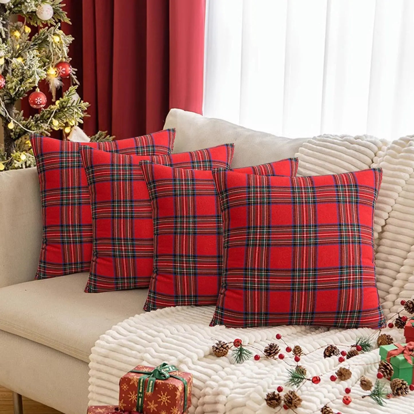 Christmas Plaid Decorative Throw Pillow Covers Scottish Tartan Cushion Case for Farmhouse Home Holiday Decor Sofa Couch Decor