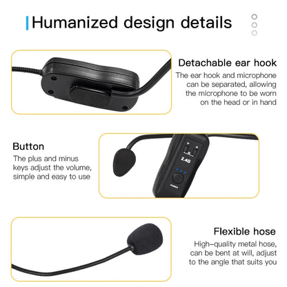 2.4G Head-mounted Wireless Lavalier Microphone Set Transmitter with Receiver for Amplifier Voice Speaker Teaching Tour Guide