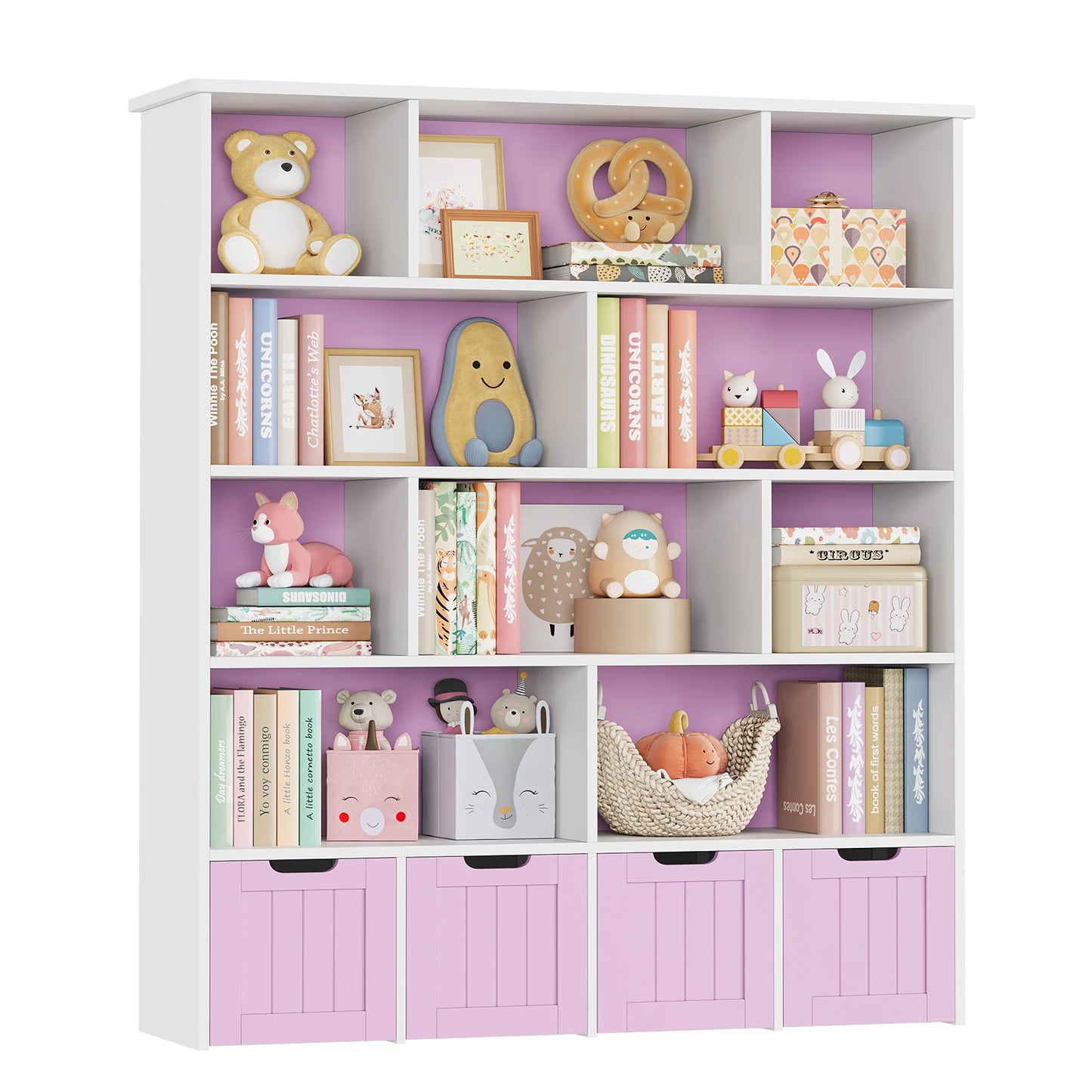 Getone Kids Toy Storage Unit Childrens Bookcase with 4 roller drawers 11 shelves Toy Organiser Kids Bookshelf for Nursery Playroom 125.5x33x146 cm White/ Pink