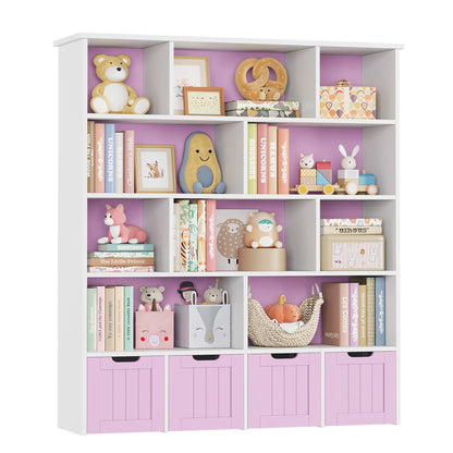 Getone Kids Toy Storage Unit Childrens Bookcase with 4 roller drawers 11 shelves Toy Organiser Kids Bookshelf for Nursery Playroom 125.5x33x146 cm White/ Pink