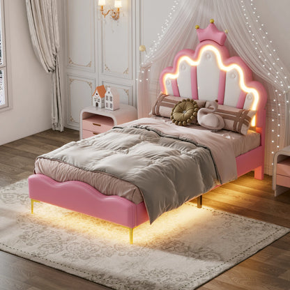 Comanlai Children's Bed  90x200cm with LED Light and Crown-shaped Headboard,Upholstered Bed with Slatted Frame,PU Leather,Pink