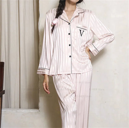 2025 Women Stripe Print Satin Pajama Ladies Pyjamas Loungewear Set Long Sleeve Buttons Lapel Tops & Pants Pijamas De Mujer