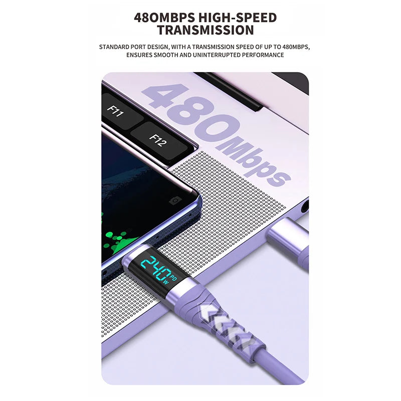 240W USB C Cable with Digital Display PD3.1 Fast Charging Cord for iPhone 17/1615 Pro Max Huawei Xiaomi iPad Laptop