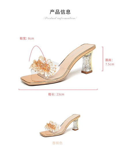 2023 Summer Square Head Open Toe Fashion Transparent Soft Flower Women's Slippers Crystal Heel New High Heel Sandals