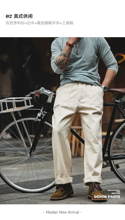 Maden Retro Cotton Seed Shell White Denim Jeans 11.2OZ Loose Straight Long Pants Cargo Pants Sweatpants Men Causal Trousers