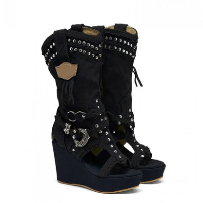 Zipper Shoes Boots Women New 2025 Round Toe Large Size Elegant Wedge Cowboy Ladies High Heel Shallow PU Canvas Casual Fabric Sol