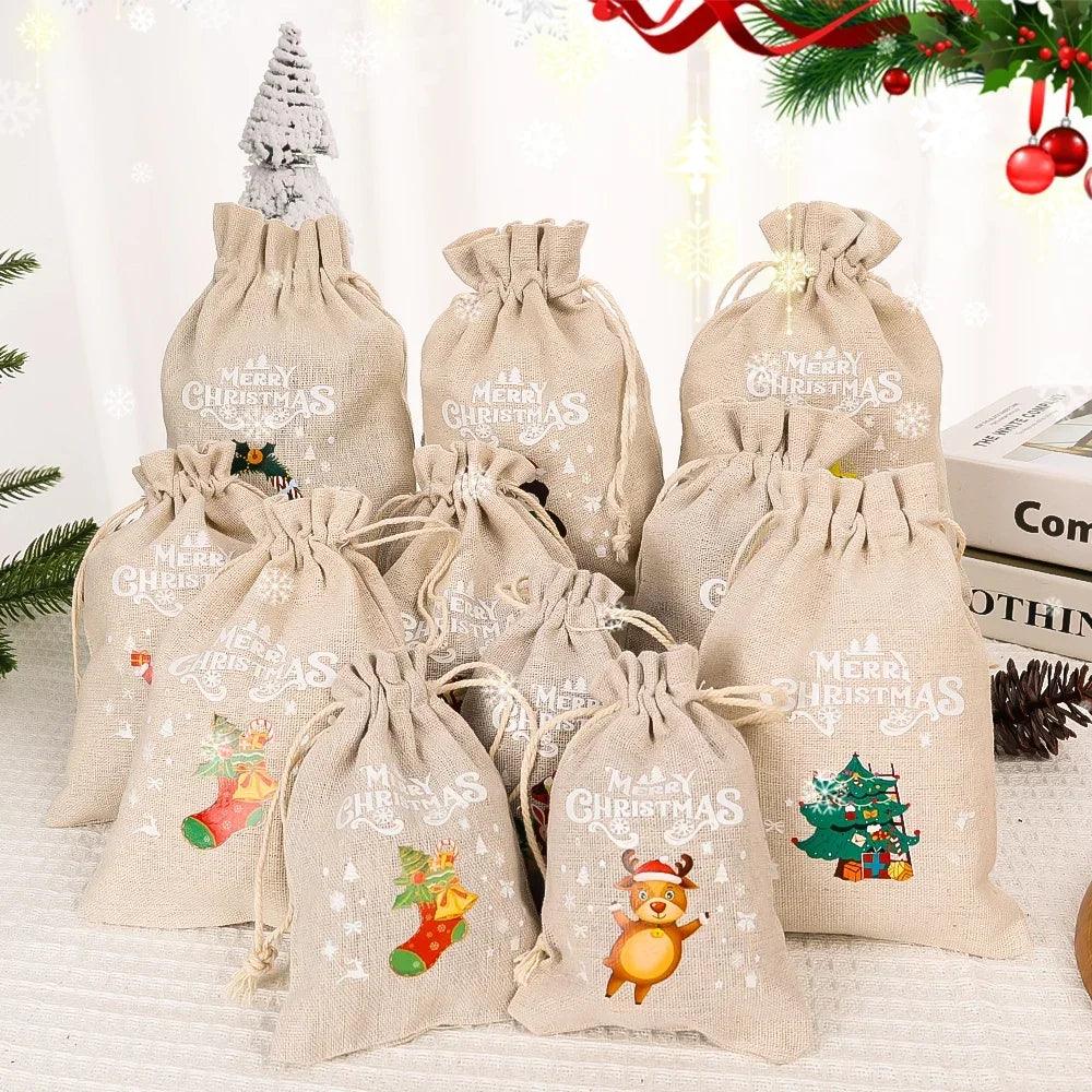 1/30PCS Christmas Linen Drawstring Bags Candy Biscuits Pouchs Burlap Bracelet Jewelry Storage Bags Xmas Kids Gift Packaging Bags
