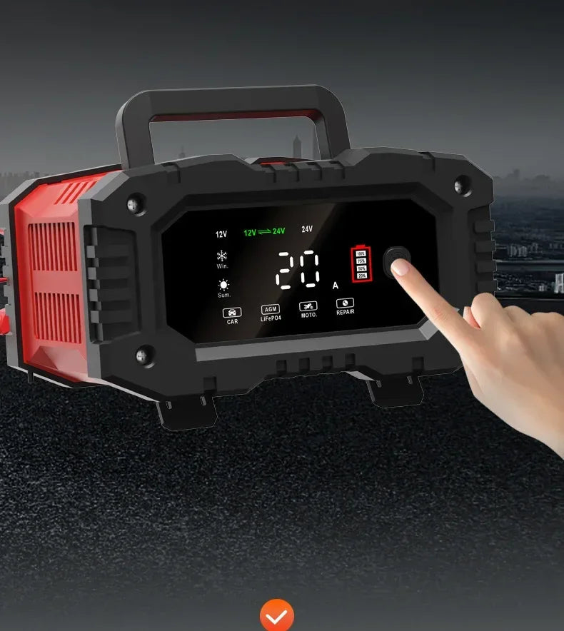 Portable 20A/10A Car Battery Charger 12V 24V Automatic Motorcycle Truck AGM LiFePO4 Lead Acid Start Stop Battery with Repair