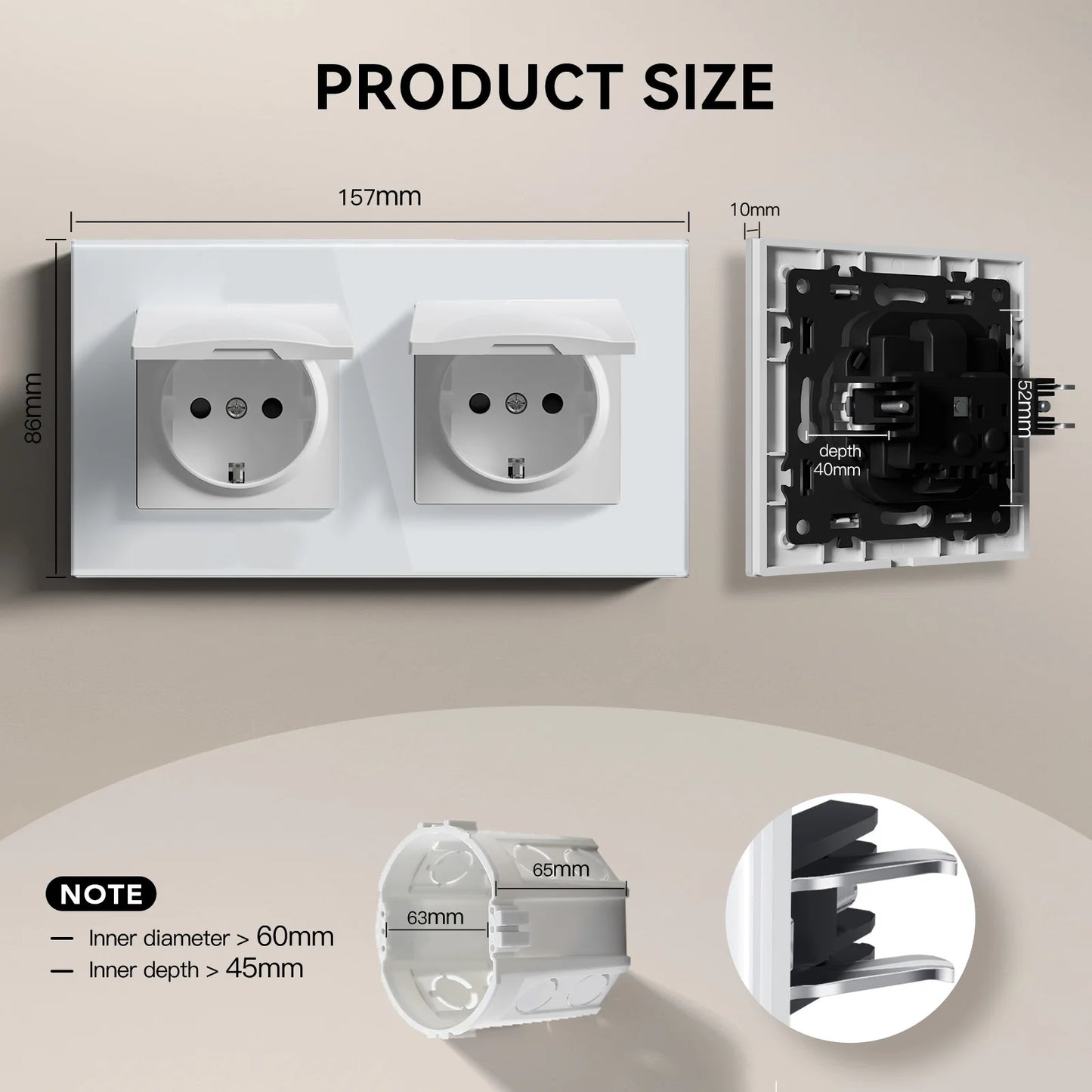 BSEED EU Standard Wall Electric Socket With Cover 16A Bathroom Power Sockets Outdoor Outlet Waterproof Glass Panels E Series