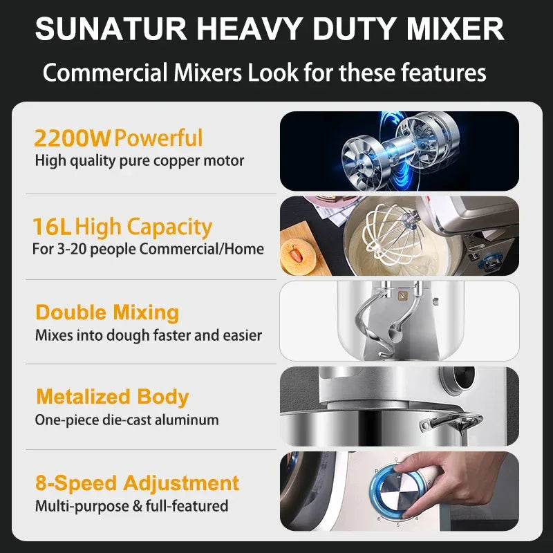 SUNATUR 16L Stand Mixer 2200w electric kitchen blender Commercial Food processor Large capacity Two kneading hooks dough mixer
