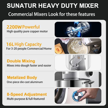SUNATUR 16L Stand Mixer 2200w electric kitchen blender Commercial Food processor Large capacity Two kneading hooks dough mixer