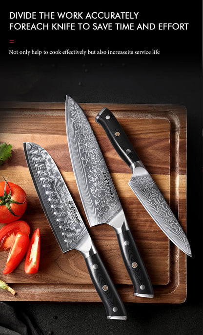 TURWHO 1PC-3PCS Professional Kitchen Knives Set Utility Santoku Chef Knife Japanese 67 Layer Damascus Steel G10 Handles Gift Box