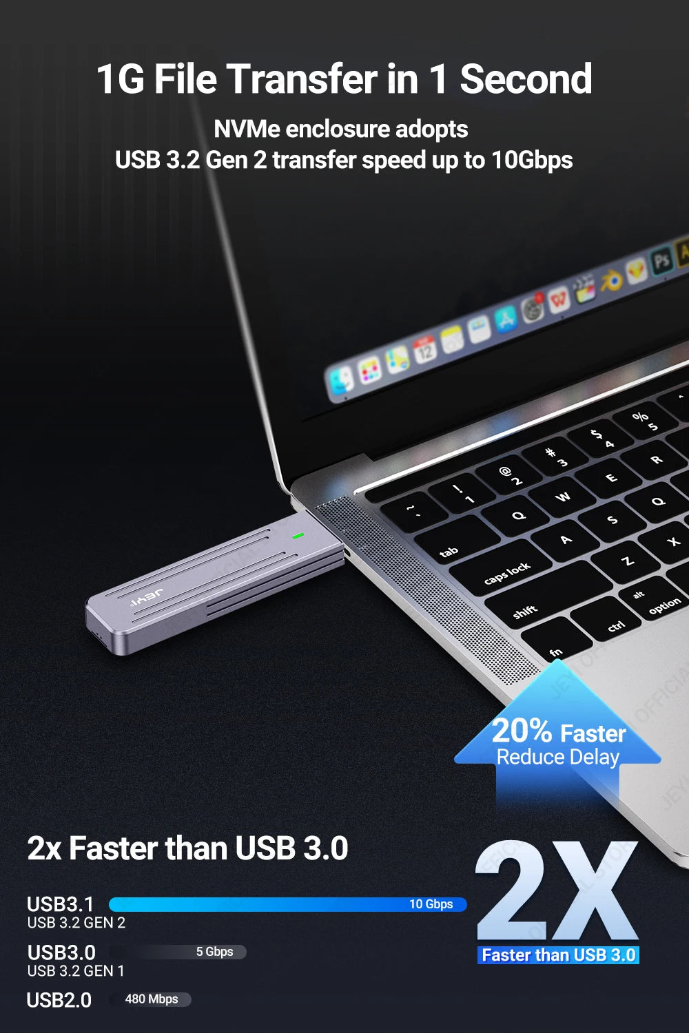 JEYI M.2 NVMe(USB 3.2 10Gbps)Direct-attach  Enclosure,USB-A Plug In-line Aluminum 2242 2280 SSD Case With Magnet Protective Case