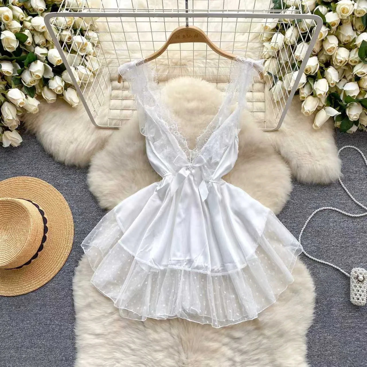 Woman Plus Size Sexy V-Neck Strap Dress Lace Trim Slim Short Dress Women Fashion Comfortable Dress Party Hotsweet