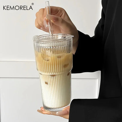 600ML Stripe Glass Coffee Cup With Lid and Without Cover Straw Transparent Drinking Glasses for Juice Iced Coffee Mugs Drinkware