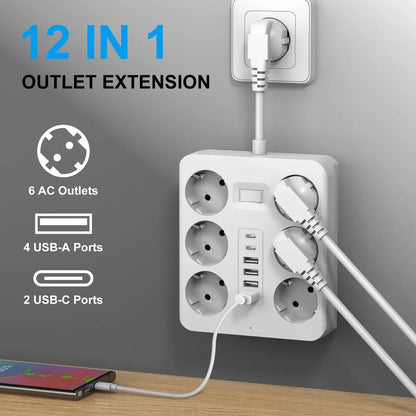 Wall Socket Extender with 6 AC Outlets 4 USB Ports 2 Type-C EU Plug Charger Electrical Switch For Home Power Strip Socket