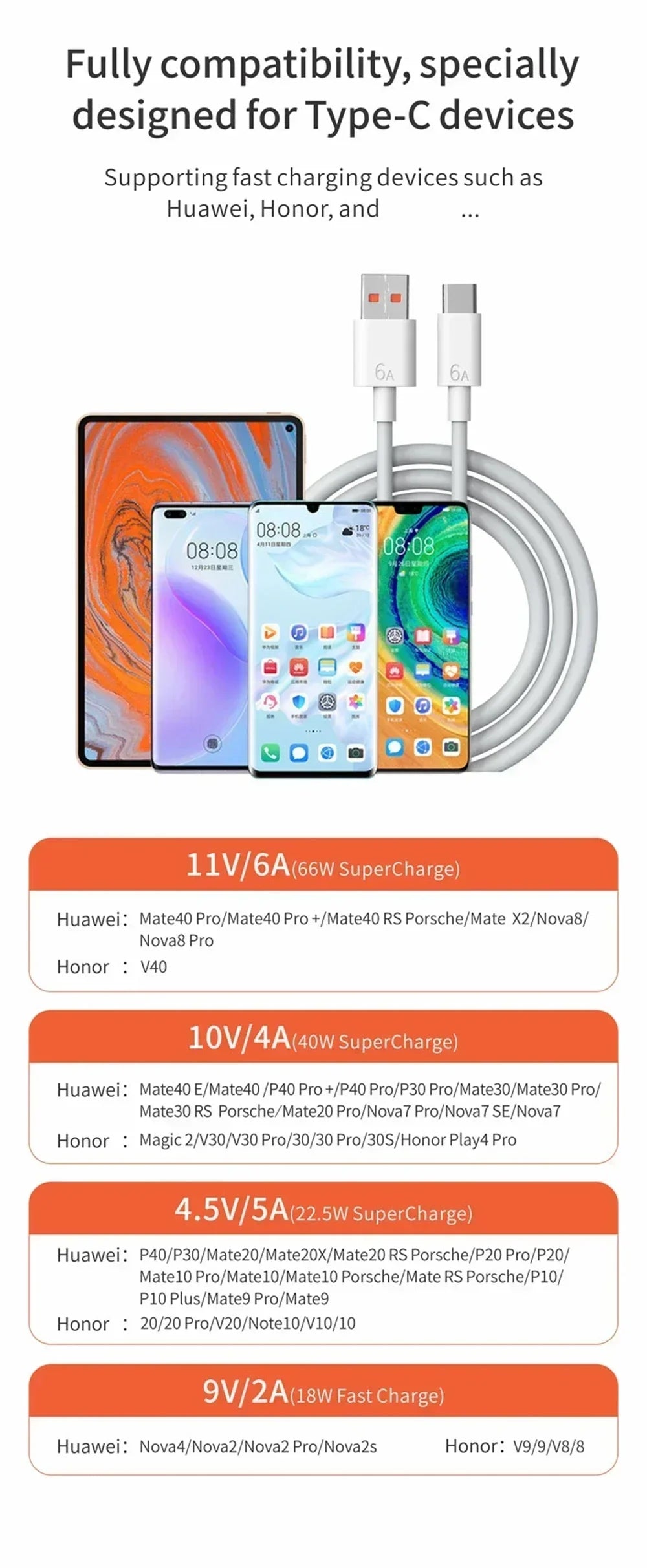 6A 66W Super Fast EU US Wall Charger Adapter 6A Type-C Cable For Huawei Mate 40 50 60 P50 Nova8 9 10 Honor 90 100 X7 X8 X9 Magic