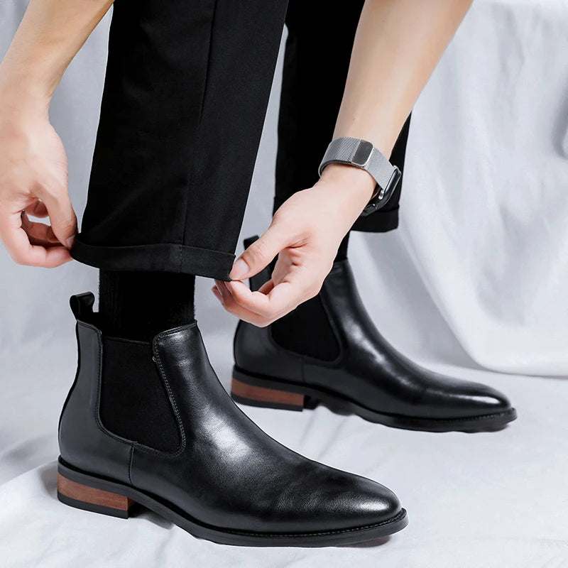 Genuine Leather Classic Men High Top Chelsea Ankle Boots High Quality Mens Casual Dress Business Shoes Comfy OutdoorBasic Boots