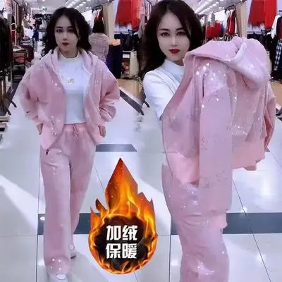 Fashion Pink Casual Suit for Women Autumn Winter New Gold Velvet Sequins Pearl Embroidery Sweatshirt Sports Pants Two-Piece Sets
