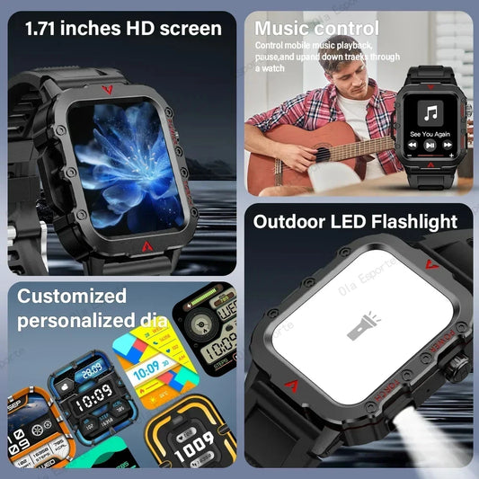 2025 Smartwatch Military Outdoor Sports Watches For Man Woman LED Flashlight Health Monitoring 1.73 inch Bluetooth Watches New