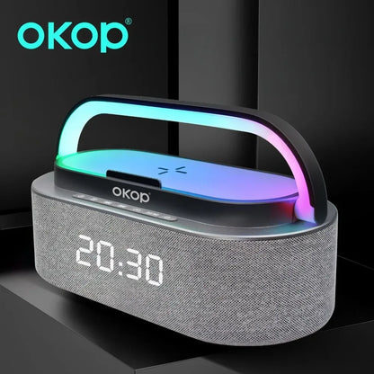 OKOP Bluetooth Speakers,6 in 1 Multi-function,Alarm Clock, Wireless Charger RGB Night Light , Audio,portable Speaker,White Noise