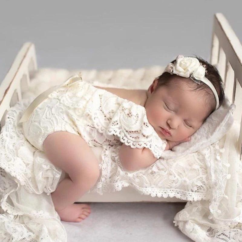 Baby Bow Lace Romper Headband Set Newborn Photography Props Bodysuit Jumpsuit with Flower Hair Band Infants Fotografie Outfits