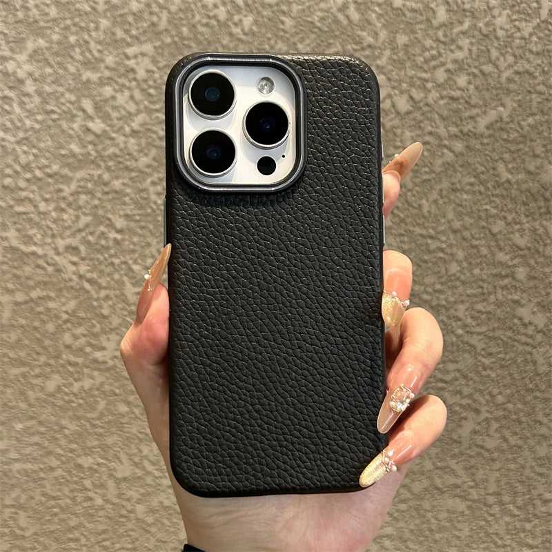 Luxury Business Lichee Pattern Leather Texture TPU Case For iPhone 16 15 14 13 12 11 Pro Max 16 Plus Shockproof Matte Soft Cover