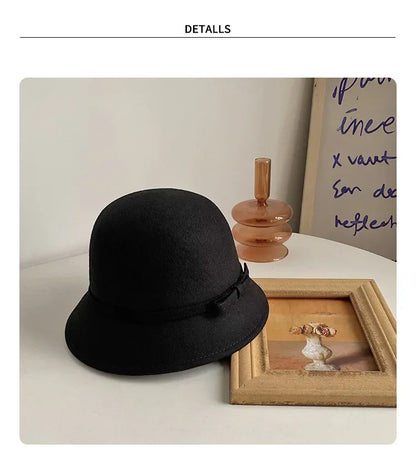 2024 Autumn Spring Fedoras Women Hat Elegant Vintage Bowknot Wool Ladies Hat Dome Felt Wedding Church Jazz Cap Female Bow Bowler