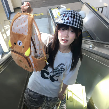 Kawaii Rilakkuma Cartoon Plush Backpack Cute Bear Younger Sister Large Capacity Student Schoolbag Lovely  Birthday Present gift