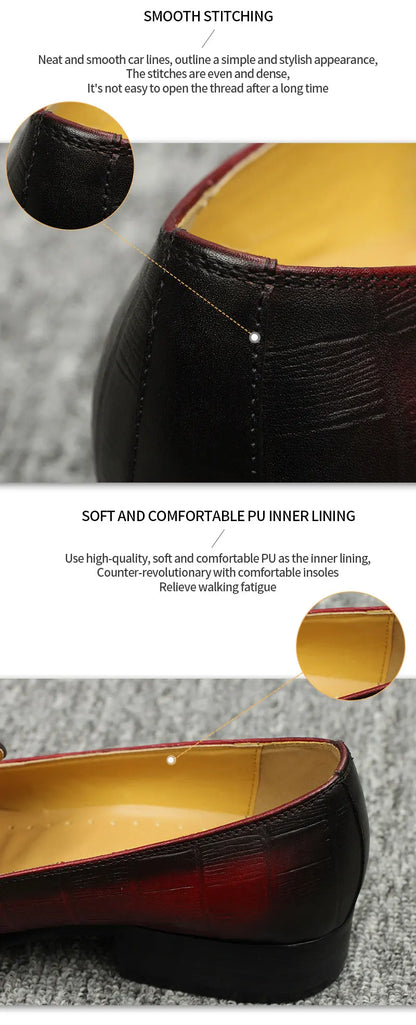 Loafer Men Fashion Cowhide Shoes Casual Gentleman Party Wedding  Leather Shoes Gray Red Mixed Striped Elastic Band Footwear