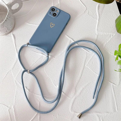 Crossbody Lanyard Silicone Phone Case For iPhone 15 14 11 12 13 Pro Max Mini 8 7 6 Plus 10 X Xr Xs Max SE 2020 Love Heart Cover