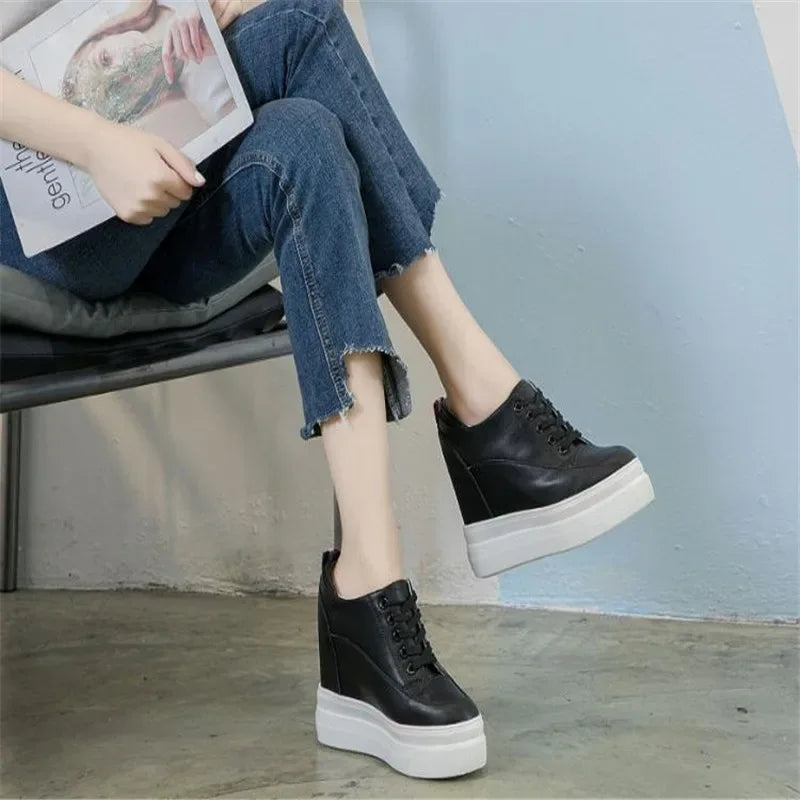 Genuine leather 10cm Increase Flat Platform Shoes Female Thick Sole Students Casual Shoes Woman  Lace Up Solid   Women Shoes