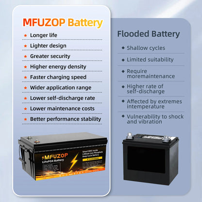 MFUZOP  12V 100Ah 200Ah 300Ah  LiFePO4 Battery Intelligent BMS System 1280Wh 2560Wh 3840Wh Deep Cycle for Solar Storage System