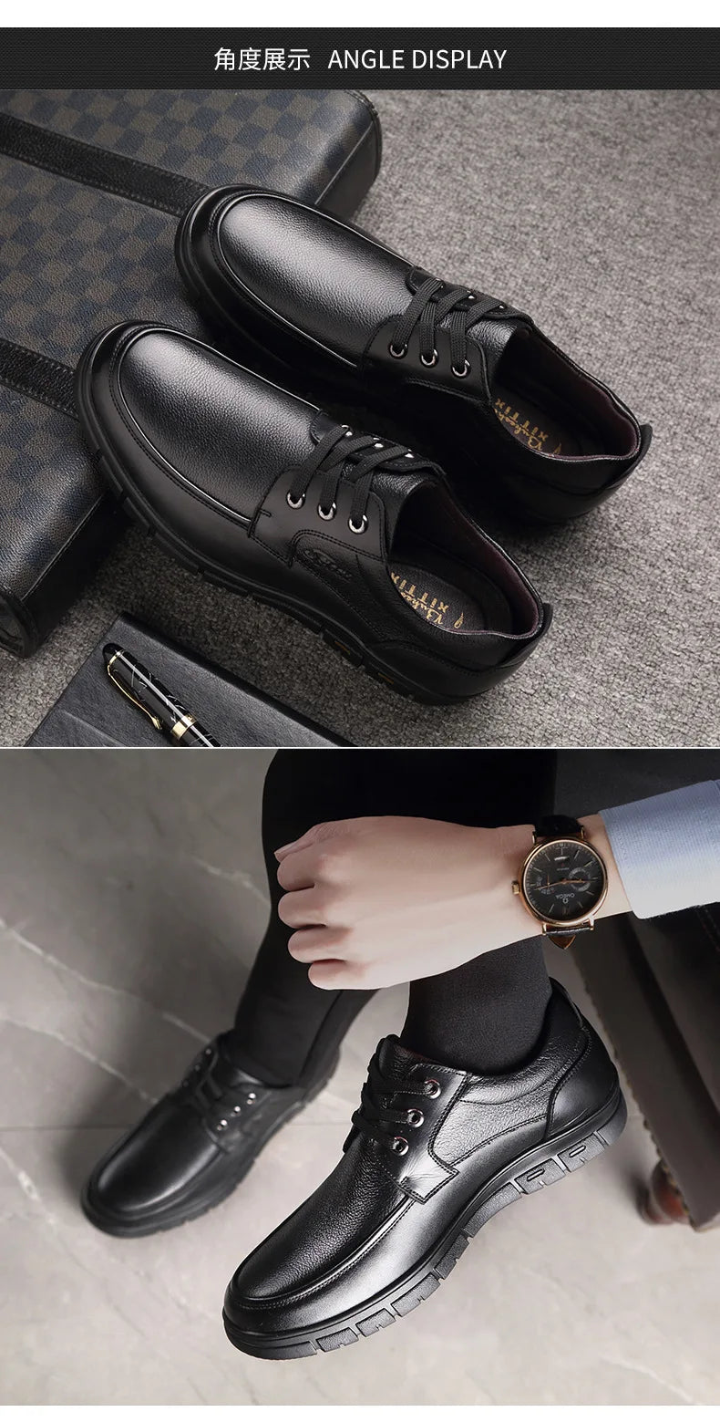 Autumn Men's Leather Shoes True Cowhide Flat Bottom Anti-Slip Plus Size Casual Elderly Father Shoes Rubber Sole China Made