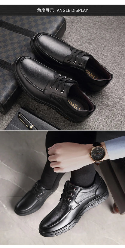 Autumn Men's Leather Shoes True Cowhide Flat Bottom Anti-Slip Plus Size Casual Elderly Father Shoes Rubber Sole China Made