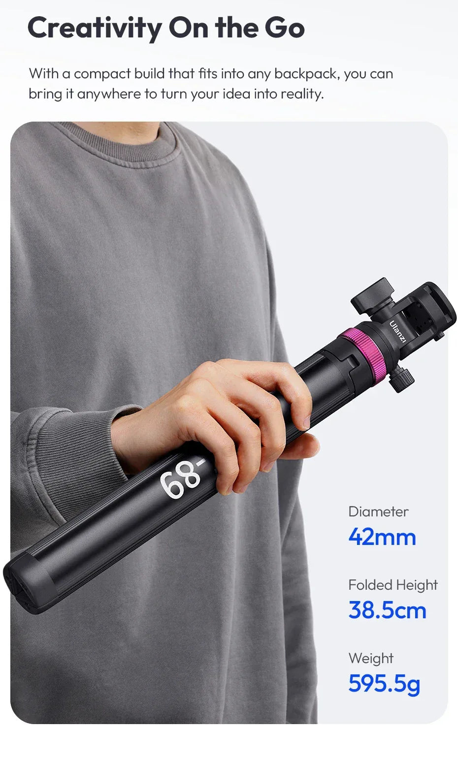 Ulanzi MT-89 2M Quick-Release Light Stand with Cold Shoe Mount 8-Section Extend for Action Camera Phone Clamp Photograph Tripod