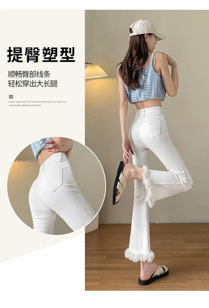 White Lace Spliced Trousers with Slightly Flared Imitation Jeans Women Autumn American Retro Small 8/9-point Flared Trousers