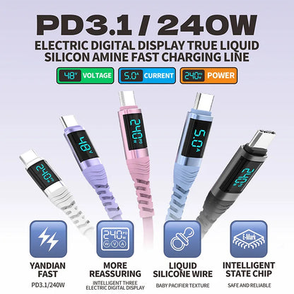 240W USB C Cable with Digital Display PD3.1 Fast Charging Cord for iPhone 17/1615 Pro Max Huawei Xiaomi iPad Laptop