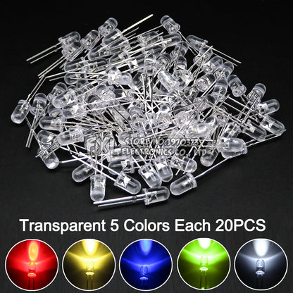 100PCS F5 LED Diode 5MM Assorted Kit White Green Red Blue Yellow Orange Pink Purple Warm White DIY kit Light Emitting Diode bxv
