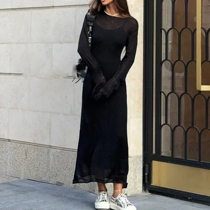 Spring Autumn O-Neck Elastic Knit Long Dresses Women 2024 Elegant Chic Soft Lady Hollowing Sweater Dresses Femme New