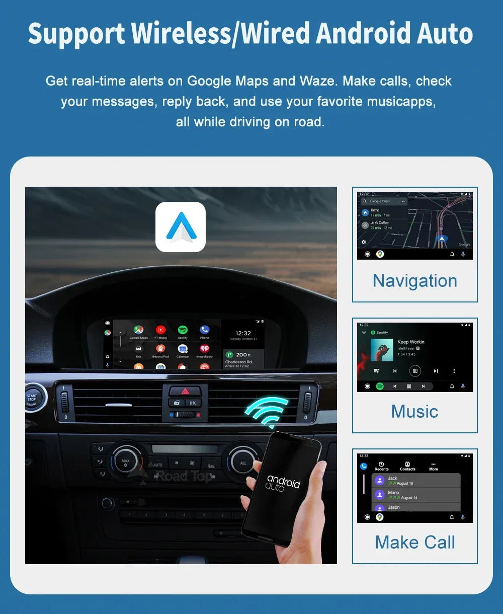 Road Top 8.8'' Wireless Carplay Android Auto Multimedia Display Screen For BMW 3 Series E90 E91 E92 E93 5 Series E60 E61 CCC CIC